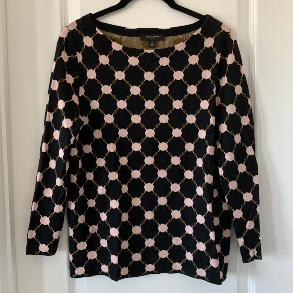 ANN TAYLOR Polka Dot Diamond Print 3/4 Length Sleeves Knit Top Size LP
